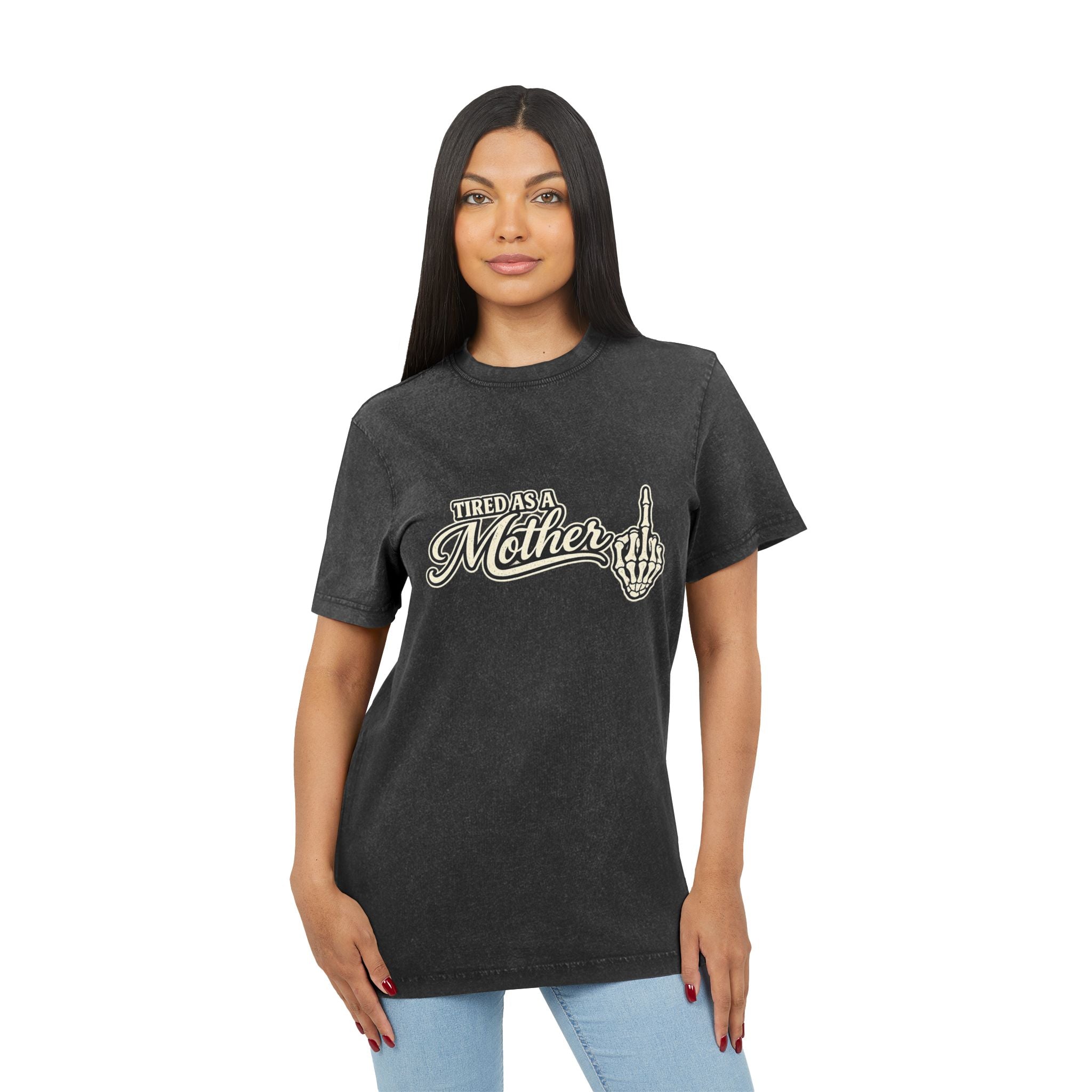 Tired as a Mother Acid-Wash Tee — Vintage Skull Middle Finger Graphic