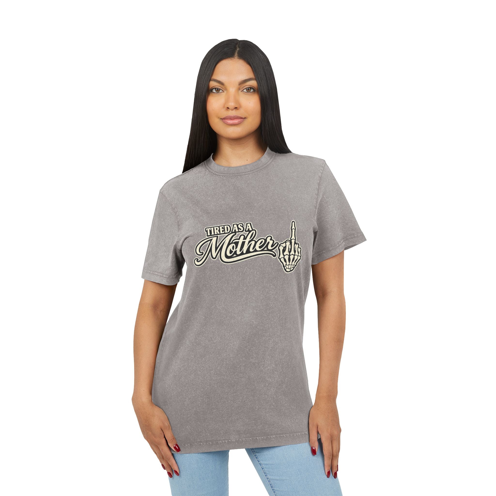 Tired as a Mother Acid-Wash Tee — Vintage Skull Middle Finger Graphic