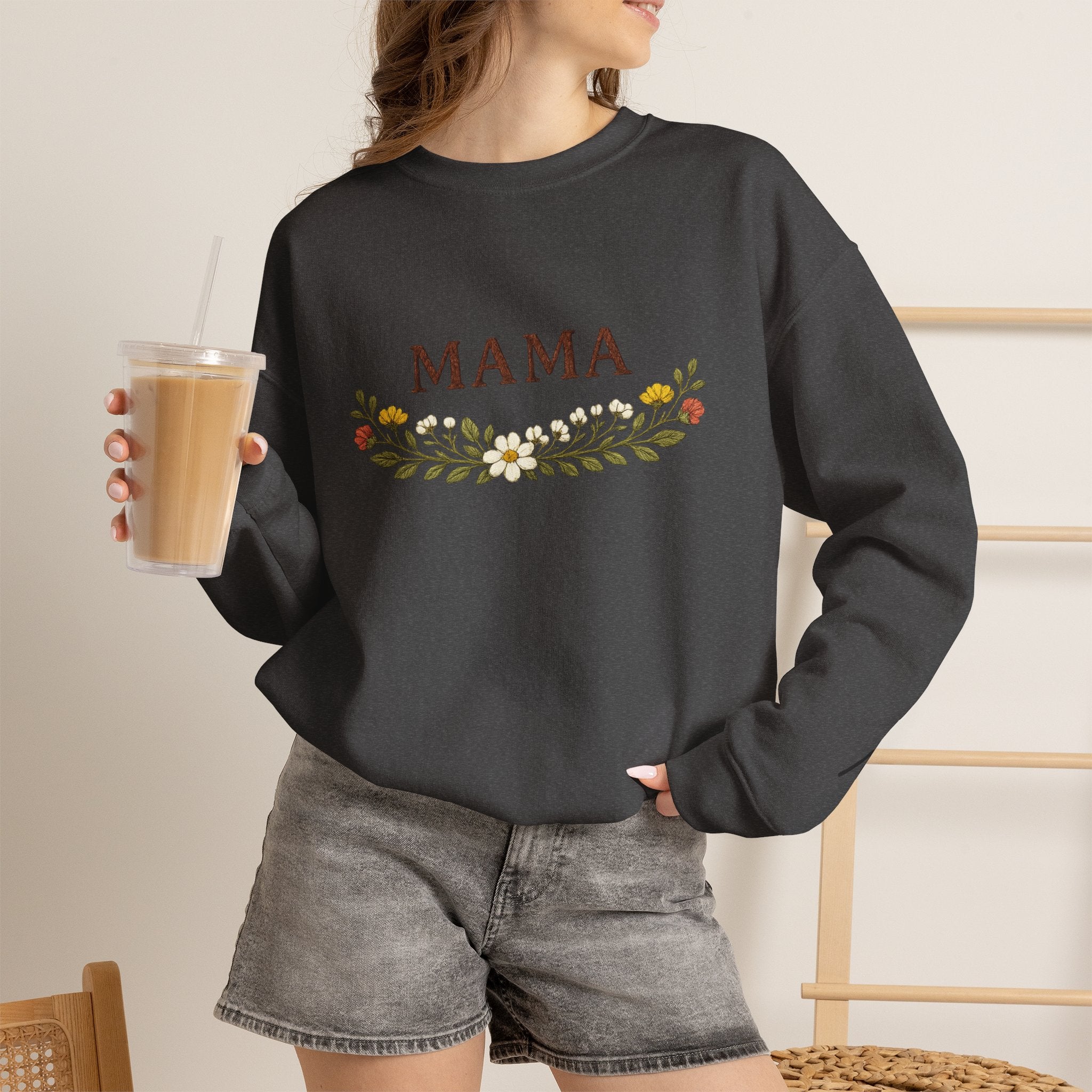Mama Floral Crewneck Sweatshirt — Cozy Mom Sweatshirt with Floral Wreath