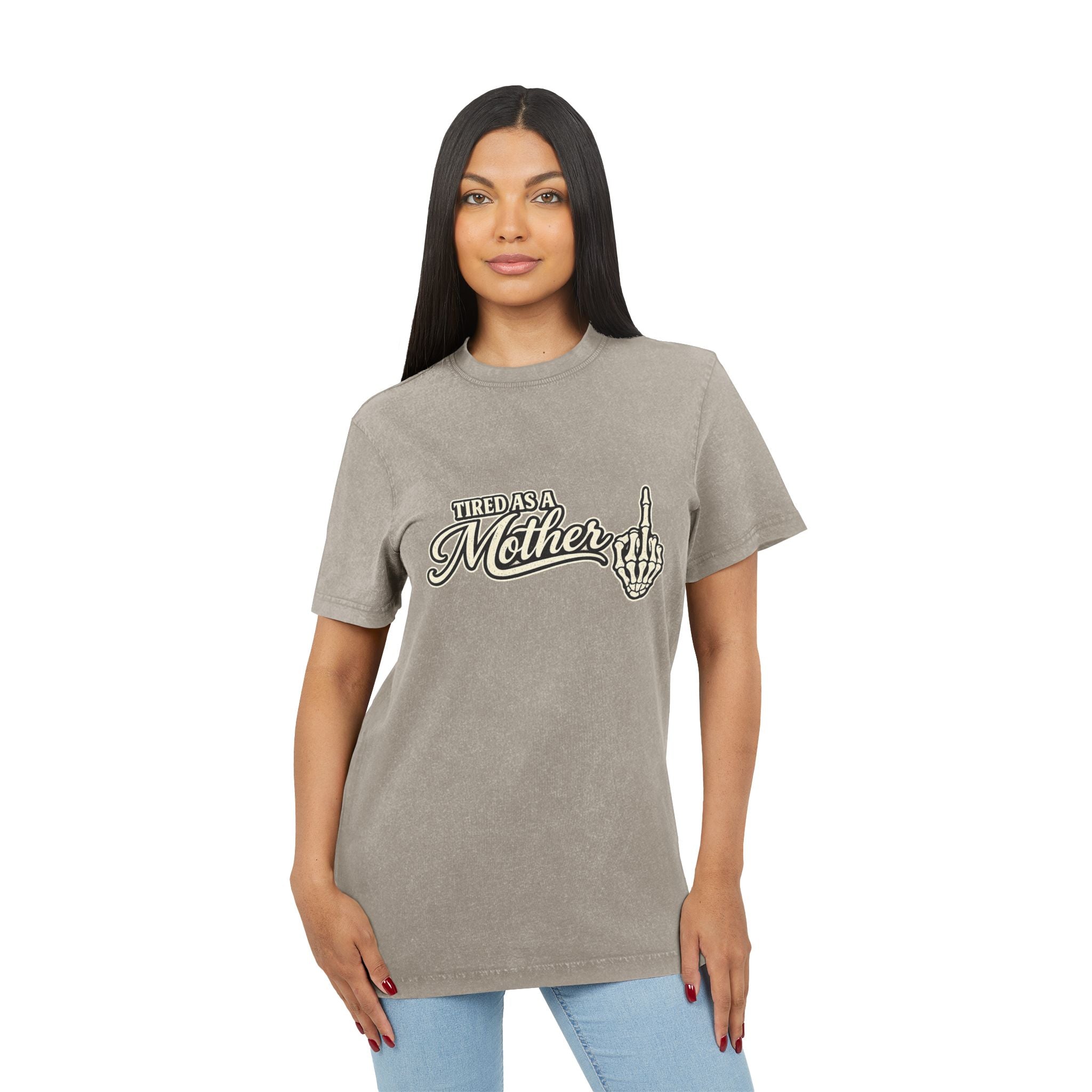 Tired as a Mother Acid-Wash Tee — Vintage Skull Middle Finger Graphic