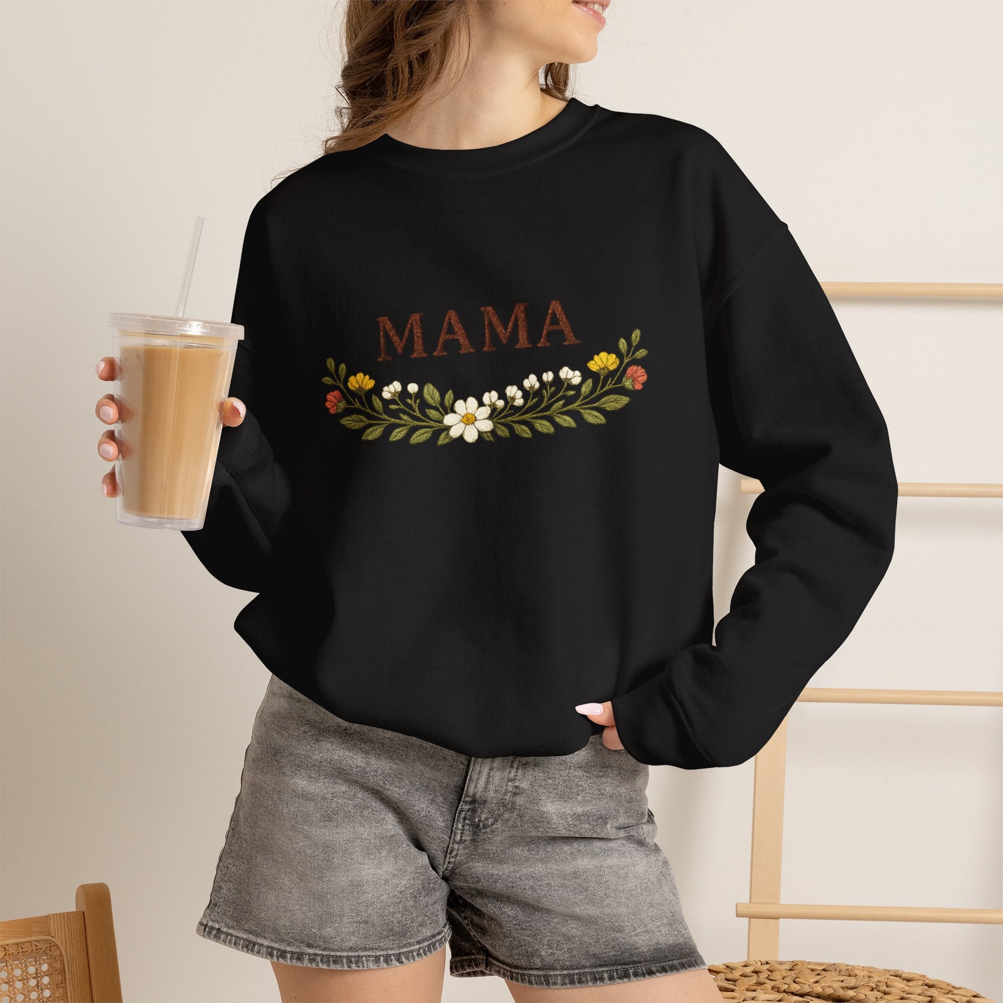 Mama Floral Crewneck Sweatshirt — Cozy Mom Sweatshirt with Floral Wreath