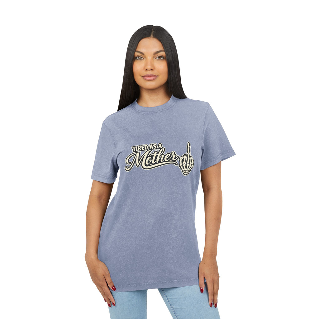 Tired as a Mother Acid-Wash Tee — Vintage Skull Middle Finger Graphic