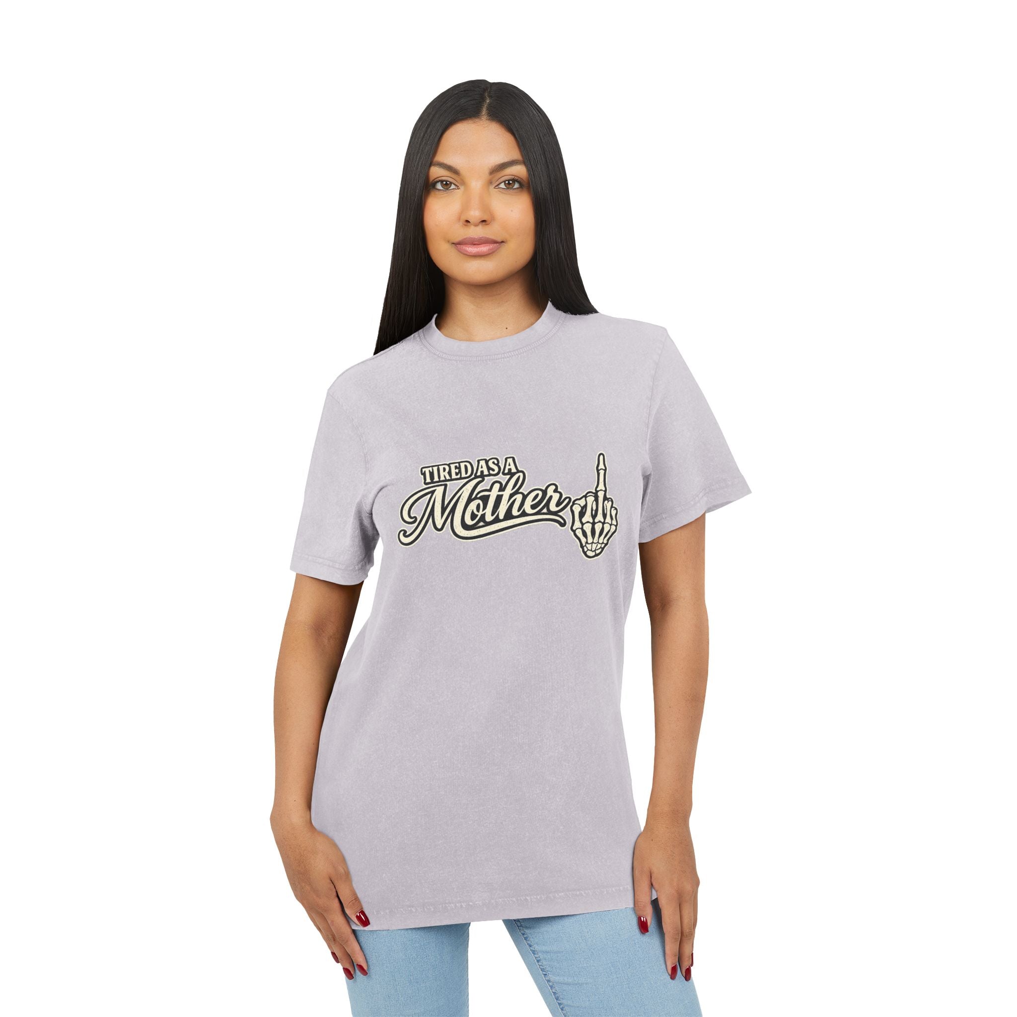 Tired as a Mother Acid-Wash Tee — Vintage Skull Middle Finger Graphic